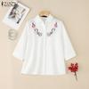 ZANZEA Dame Casual Nedslått Krage 3/4 Erme Blomsterbroderi Bluse