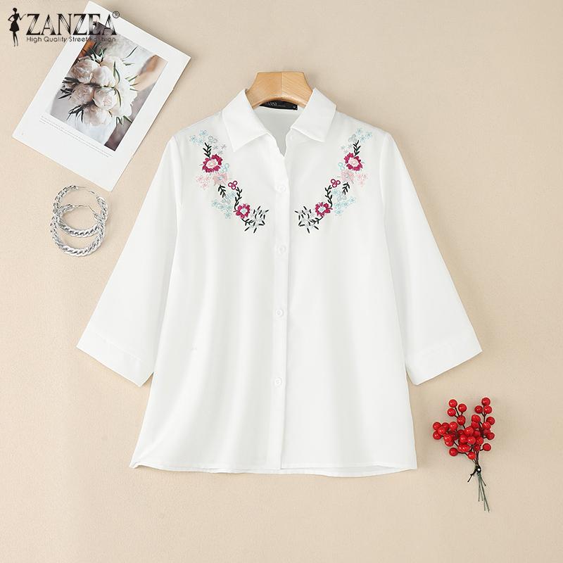 ZANZEA Dame Casual Nedslått Krage 3/4 Erme Blomsterbroderi Bluse