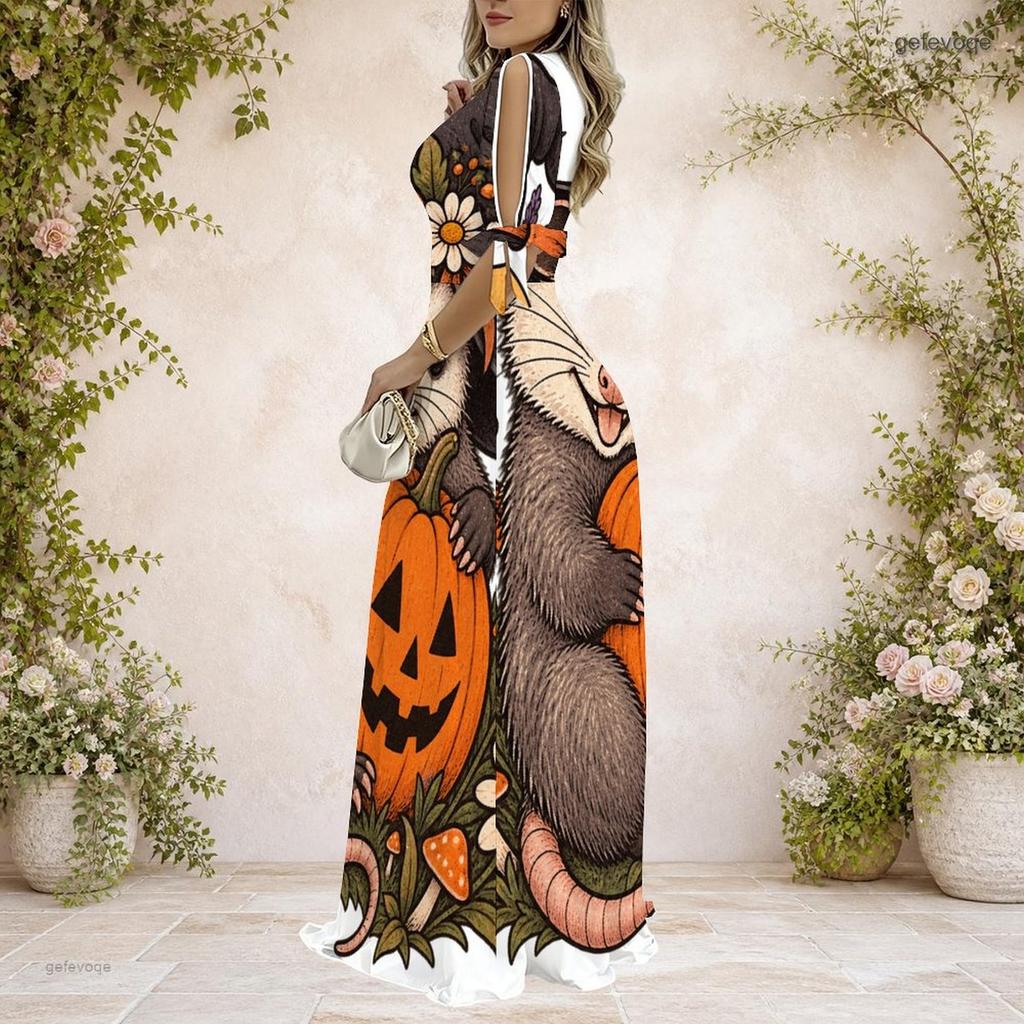 Women Plus Size V Neck Cold Shoulder Short Sleeve Halloween Pumpkin Floral Print Long Dress