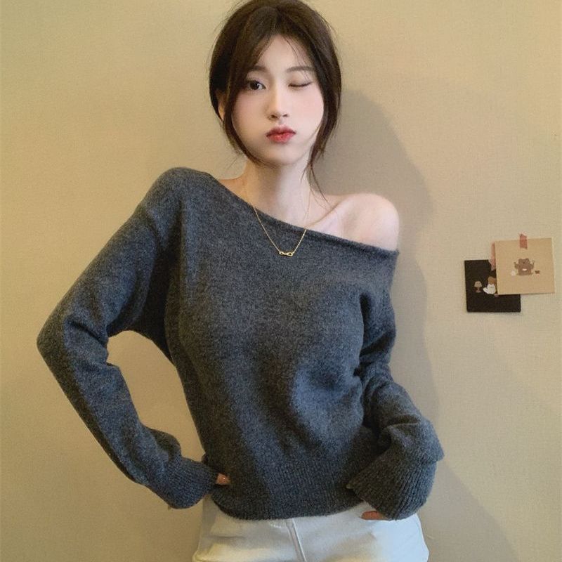 

Синий асимметричный свитер с открытым плечом, трикотаж, женский, осенне-зимний, корейский шик, короткий, с длинным рукавом, базовый топ L серый