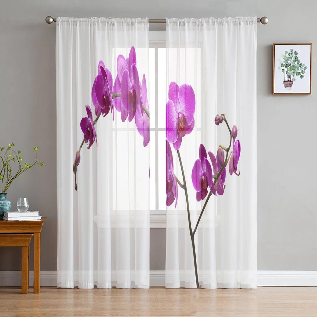 Flower Pink Orchid Reflection Sheer Curtains for Girl Kids Bedroom Kitchen Window Drapes Curtain Home Decoration