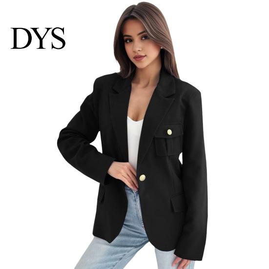 Casual Women Suit Coat Lapel Long Sleeve Flap Pockets Solid Color Cardigan Jacket Single Button Office Lady Outwear Simple Style