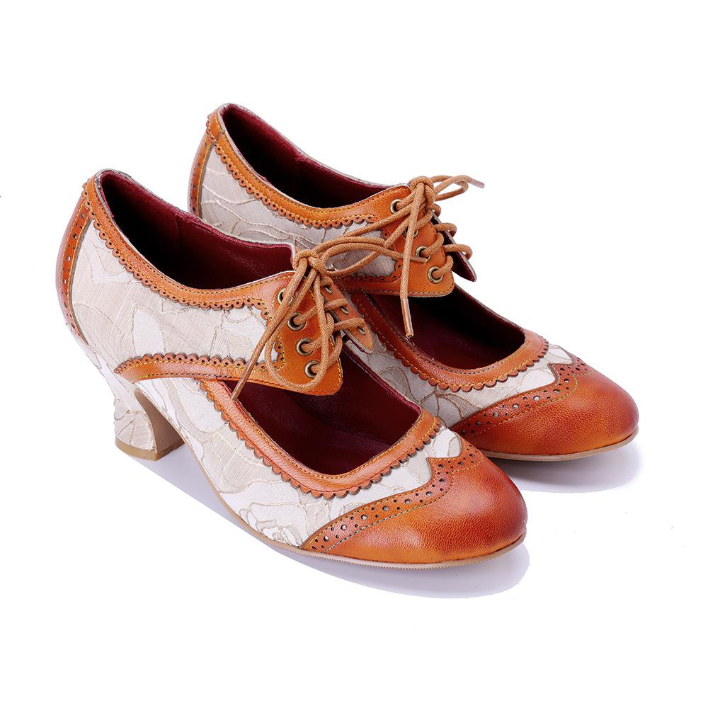 Johnature Vintage Patchwork Mary Jane Lace Up High Heels Handmade Genuine Leather Women's Shoes