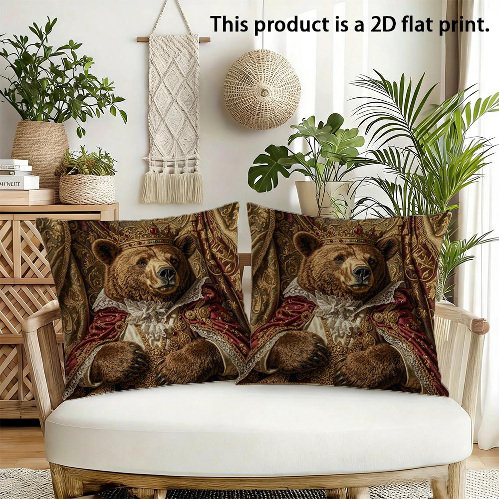 2pcs Royal Brown Bear King Throw Pillow Cover,Vintage Aristocrat Animal Decorative Cushion Case for Sofa Bedroom Living Room