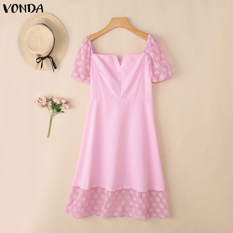 VONDA Women's Square Neck Elegant Lace Puff Sleeve Summer Dress A-Line Party Sundress