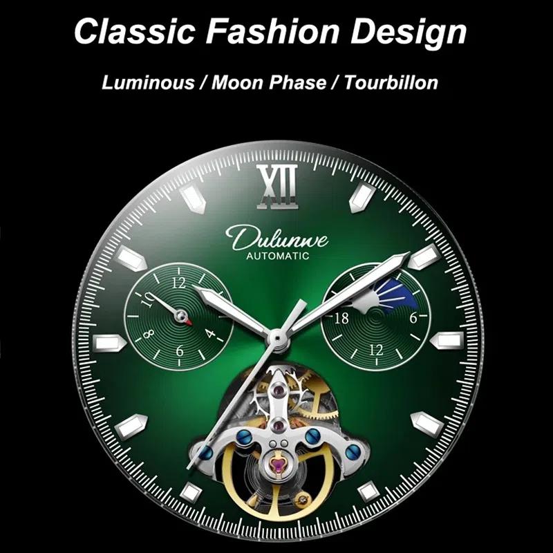 Dulunwe Luxury Men's Watch with Moon Phase & Tourbillon Retro Hollow Mechanical Wristwatch Stainless Steel Automatic Movement Men Watches