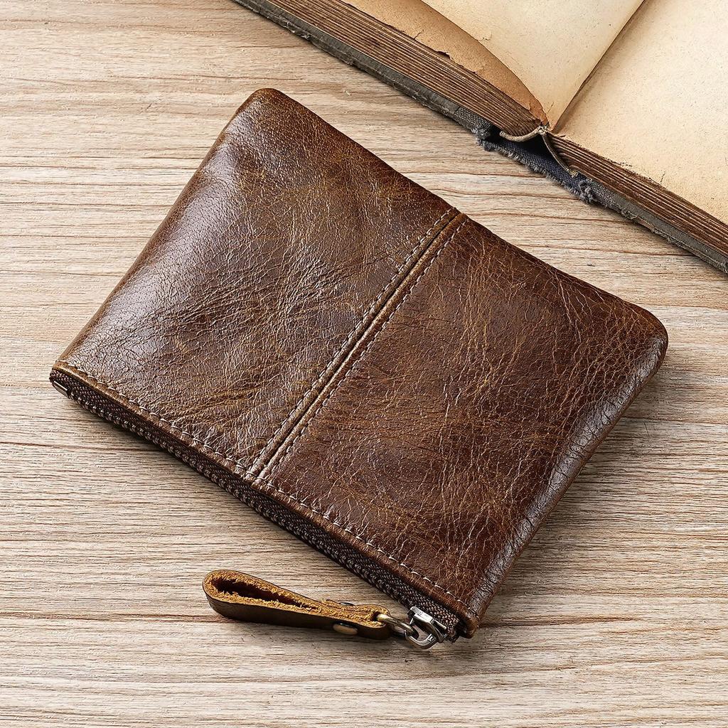 Mens and Women Retro Real Leather Zipper Wallet Card Holder Small Coins Keys Pocket Money Storage Pouch with Chain Key-ring