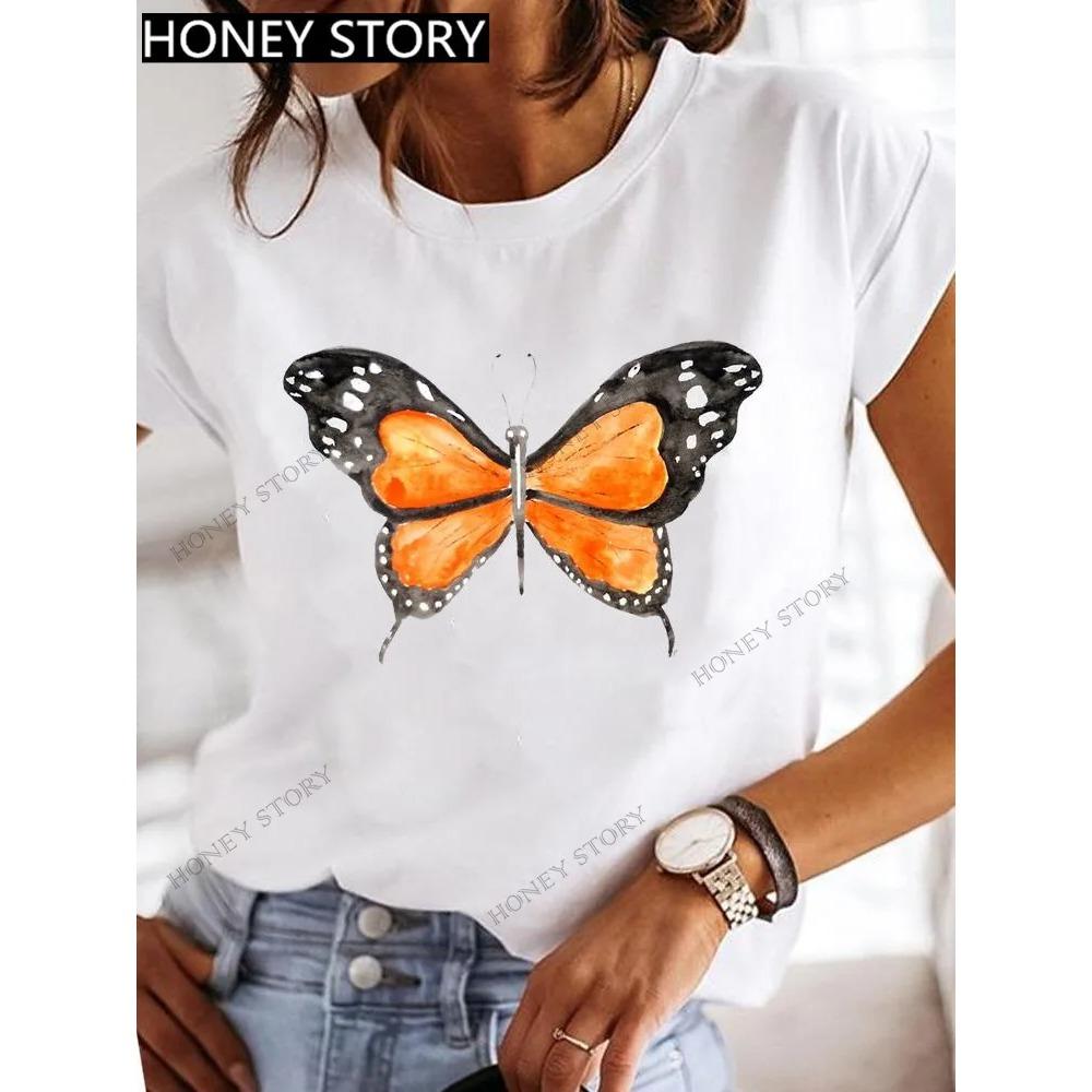 Fashion Purple Butterfly Print Women T-Shirt Summer Casual Short