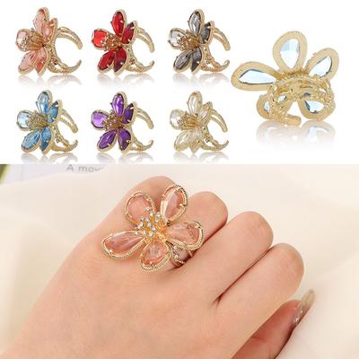 Luxury Women Girl Exaggerated Fairy Ring Open Adjustable Big Flower Crystal Ring Rhinestone Flower