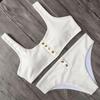 Nervürlü bikini seti Katı Kadın Mayolar Takım Elbise Düğmesi Push Up Mayo Kadın Bölünmüş Mayo Biquinis Beachwear