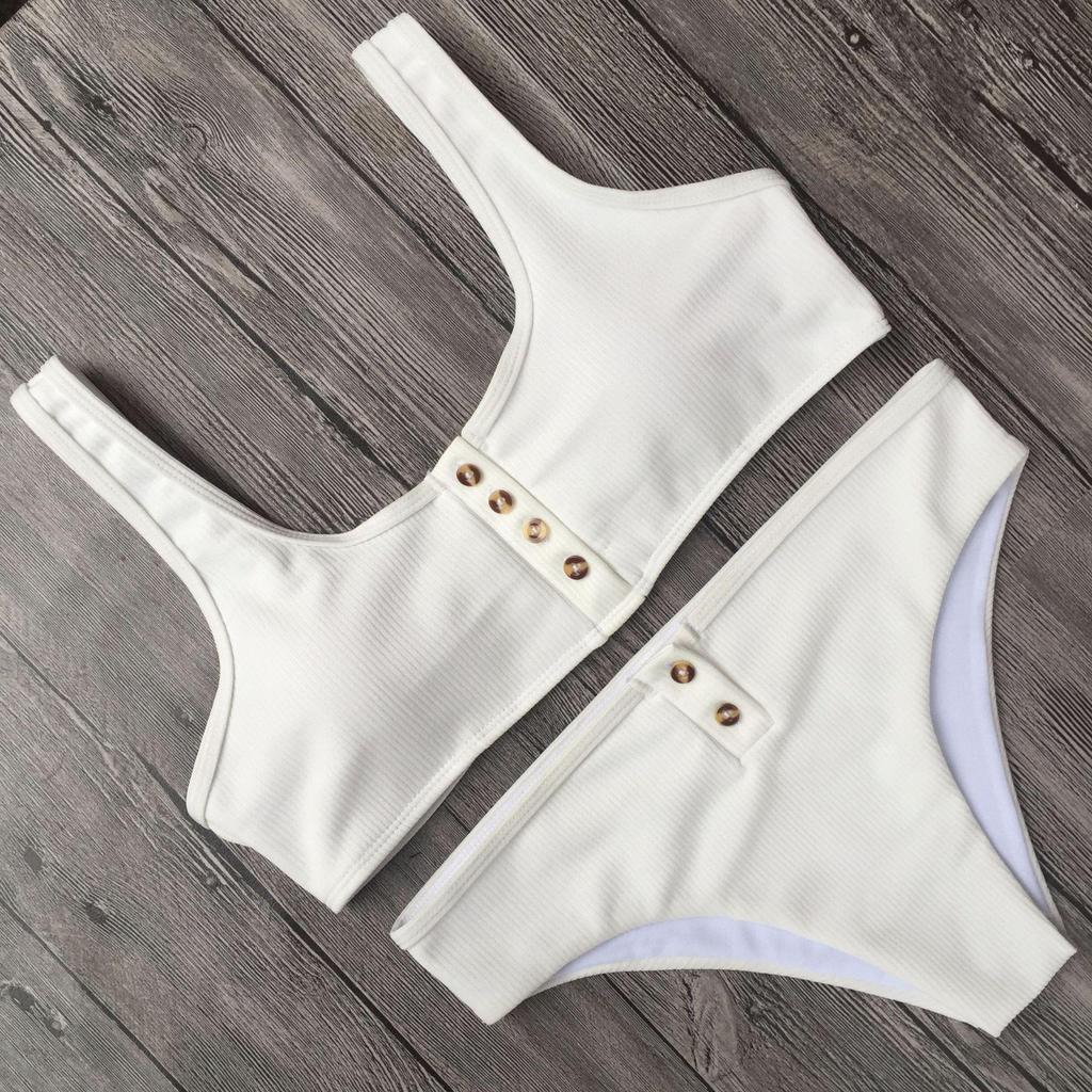 Nervürlü bikini seti Katı Kadın Mayolar Takım Elbise Düğmesi Push Up Mayo Kadın Bölünmüş Mayo Biquinis Beachwear