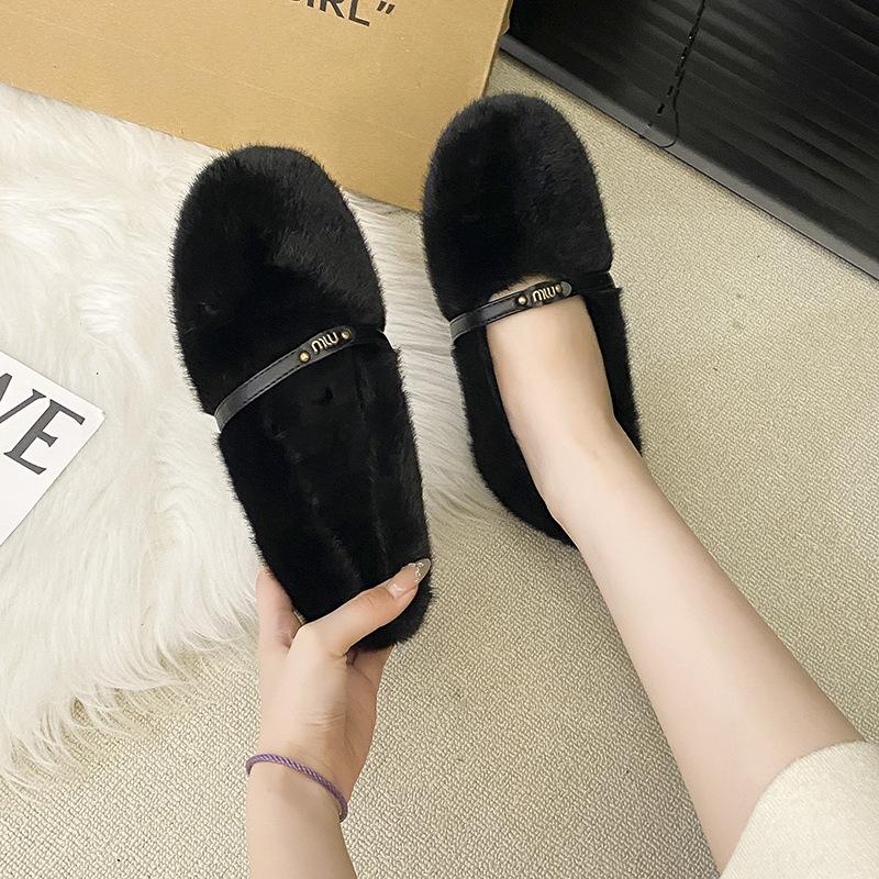 2025 Autumn and Winter New Round Head Shallow Mouth Single Shoes Wear Plush Mary Jane Shoes with Plush To Keep Warm Evening Wind Fluffy Shoes
