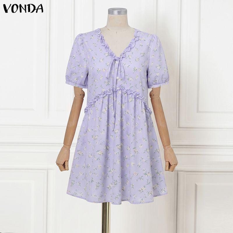 VONDA Summer Women Short Sleeve Floral Print Casual Mini Short Dress