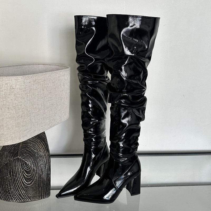 

Модные зимние ботфорты Eilyken из лакированной кожи с плиссировкой, на модных квадратных каблуках, с острым носком, ботфорты до бедра 35