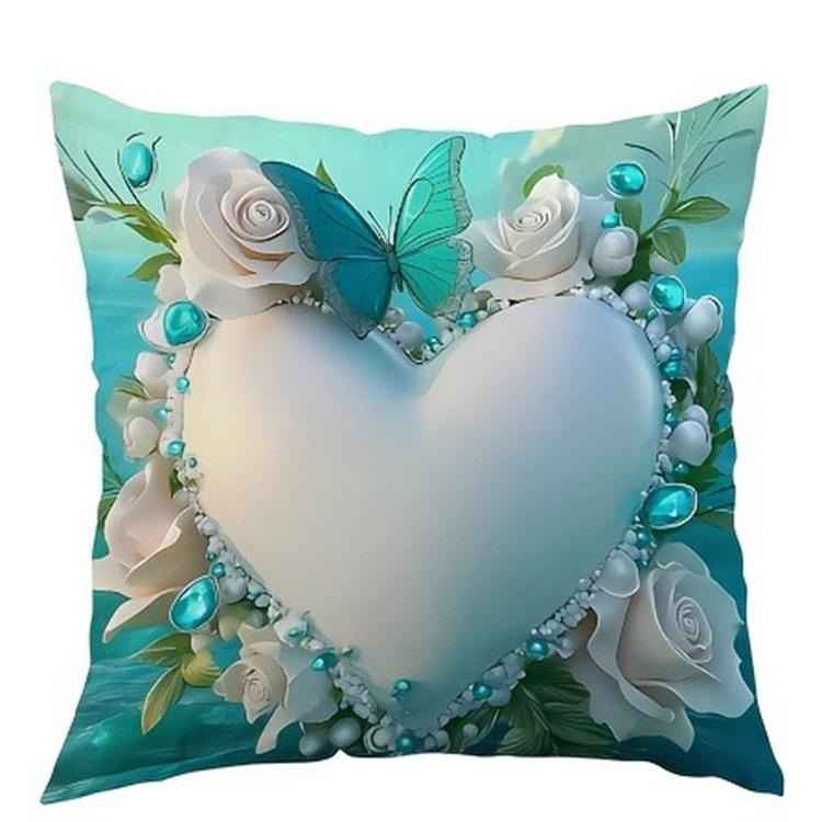 Valentine's Day Navy Blue Heart Shaped Butterfly Floral Pillowcase Suitable for Sofa Car Bedroom Decorative Cushion Cover