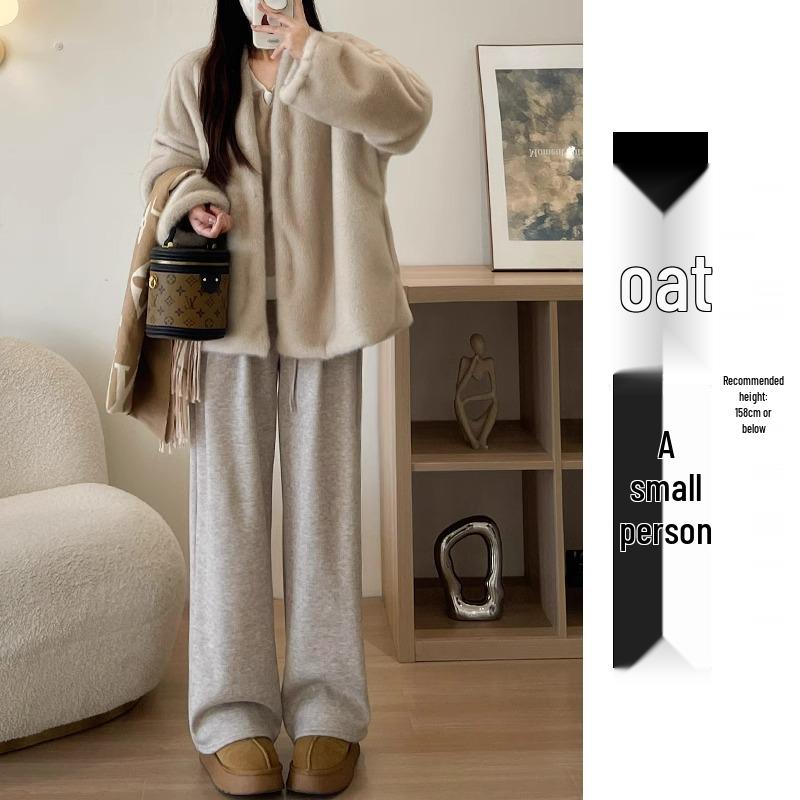 Petite Women's High Waist Oatmeal Wide Leg Pants XS - Spring/Autumn Casual Straight Leg