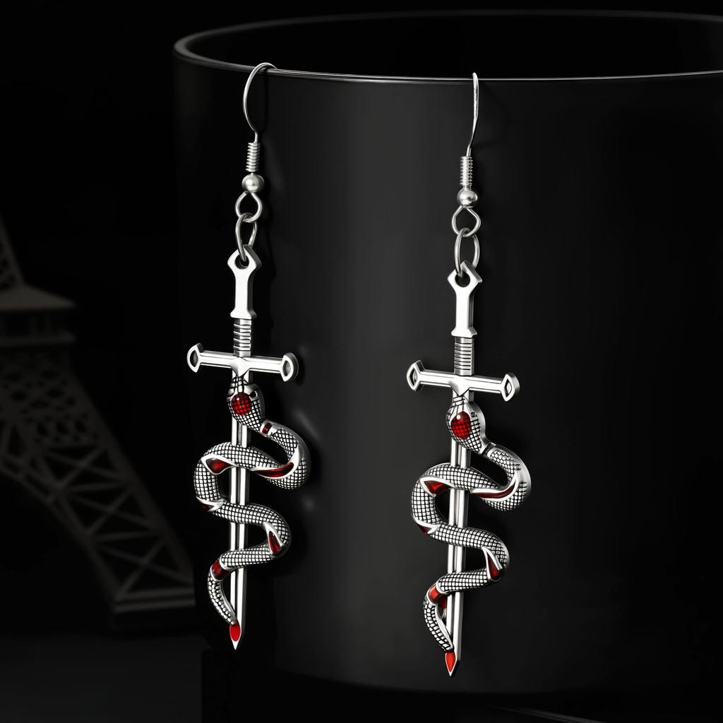 Dark Gothic Earrings, Cross Rose Snake Fishbone Earrings Alloy Earrings