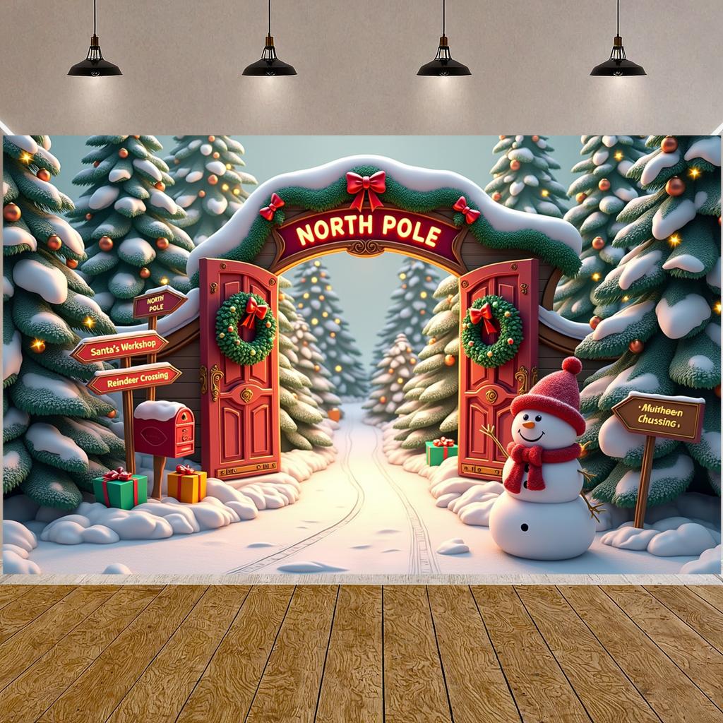 Holiday Celebration Background Holiday Archway Christmas Display North Pole Banner Snow-Covered Trees Winter Scene Display