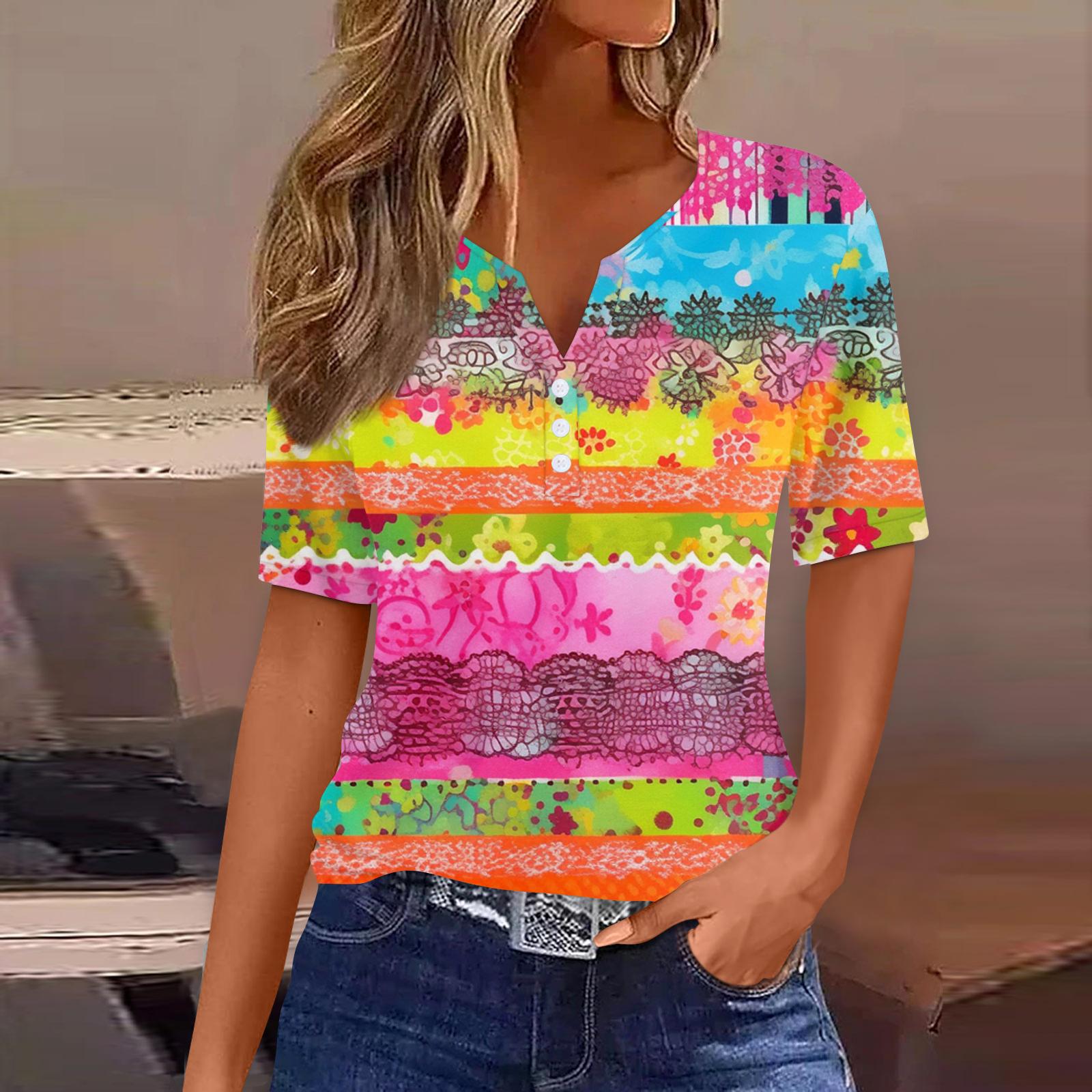 

Жіноча футболка з принтом і ґудзиками, з коротким рукавом, щоденна мода на вихідні, звичайний топ із V-подібним вирізом XL жовтий