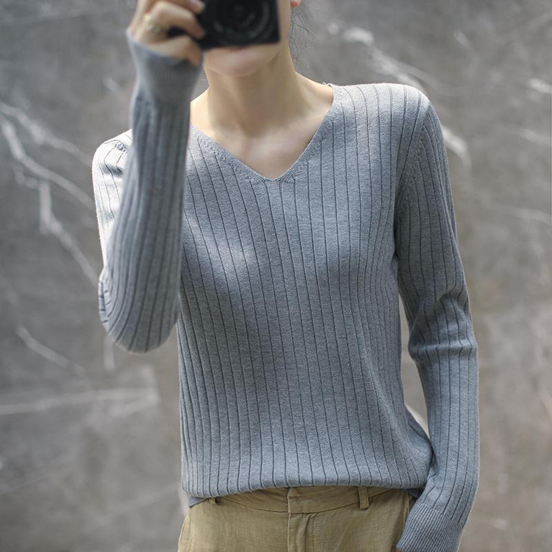 Autumn New Thin Casual Pullover Sweater Women Long Sleeve Base V-neck Knitted Sweater for Women Winter Bottoming Slim Fit Female Knitwear Tops 24744