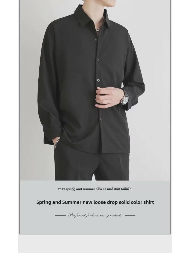 Men's Summer Ice Silk Long Sleeve Black & Gray Casual Shirt - Wrinkle-Free, Loose Fit