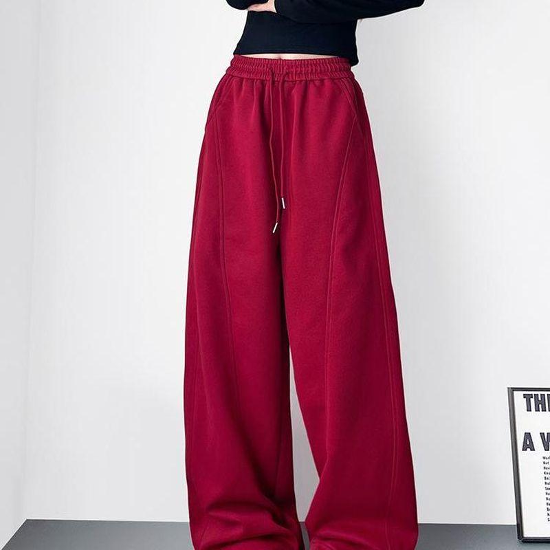 Red High-Waisted Wide-Leg Fleece-Lined Sweatpants for Girls & Women - Drapey Lazy Style Slimming Plus-Size Autumn New Arrival