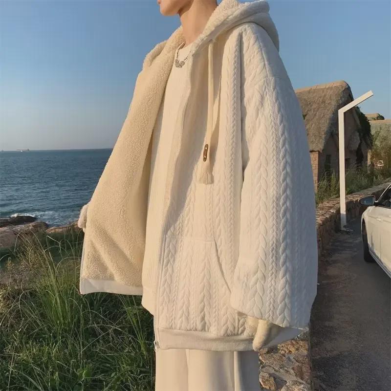 Men's Lamb Wool Winter Jacket: Thickened Cotton Coat with Velvet, Trendy Hong Kong Style, Niche Design