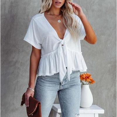 New Summer Women's Solid Color Splicing Loose Short-sleeved Strappy Ruffle Top