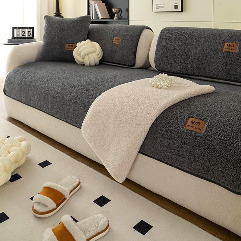 Lamb Plush Sofa Cushion for Autumn and Winter Thick Warm Solid Cushion for Living Room Anti Slip Furniture Protection Slipcover