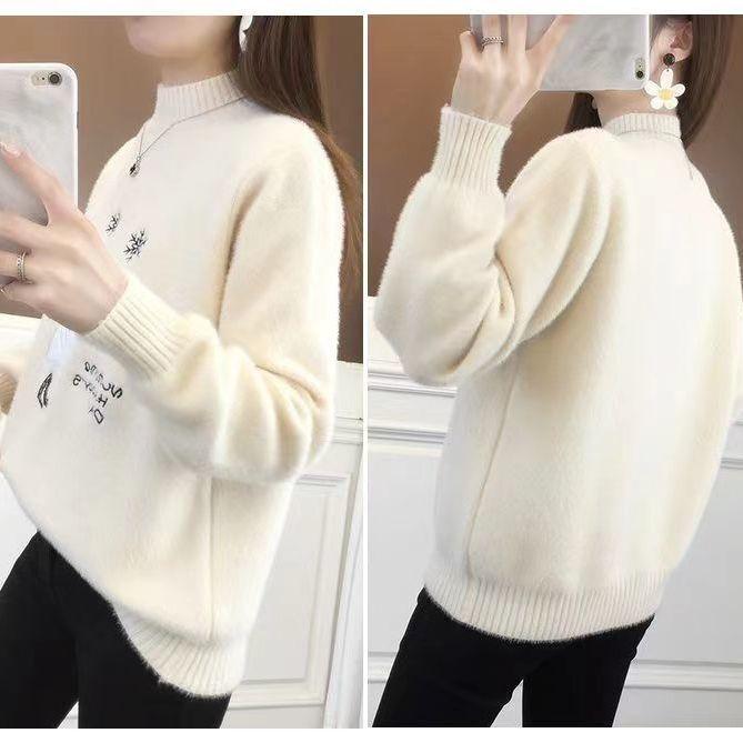 Lockerer Nerz-Kaschmirpullover für Damen mit halbhohem Kragen und verdicktem Unterhemd für Wärme