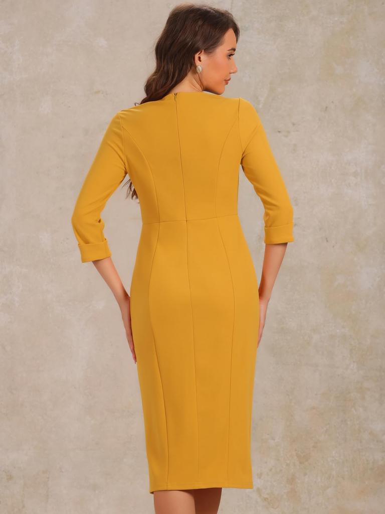 Allegra K Ledig Midiklänning, Enfärgad, Rund Halsringning, 3/4 Ärmar, Slits, för Arbete, Dam, Gul, Storlek M