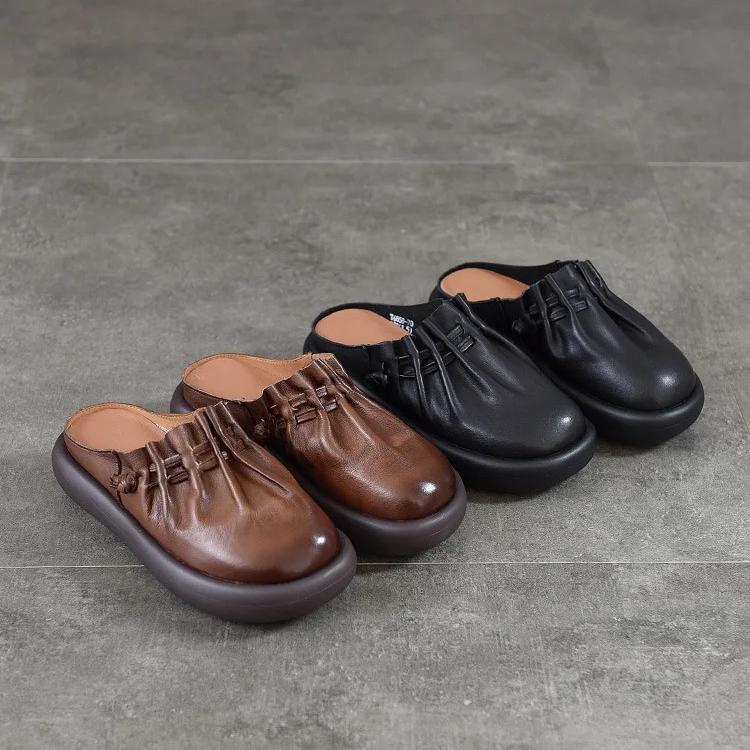 Johnature Soft Soled Round Toe Comfortable Outdoor Slippers Genuine Leather Versatile Women's Shoes