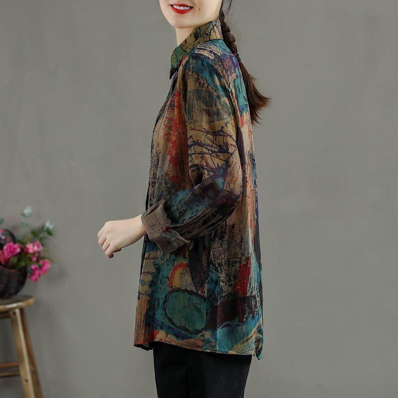 Spring Autumn Printed Women's Polo-Neck Long Sleeve Shirt Loose All-match Vintage Single-breasted Blouse Female Clothing
