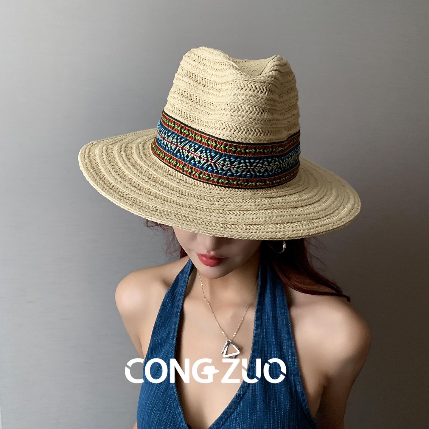 

Designer ethnic style hat women s summer straw hat big brim top hat vacation beach sunshade sun hat adjustable