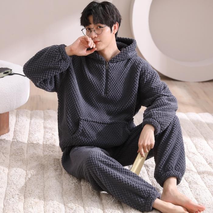 Men's Coral Fleece Lined Hooded Thickened Sleepwear Cardigan Home Clothes Sports Set Winter Warm Cozy Flannel Pajamas Suit