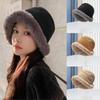 Velvet Thickened Fisherman Hat Women Winter Plush Bucket Hat Warm Solid Color Faux Fur Fisherman Cap (black)