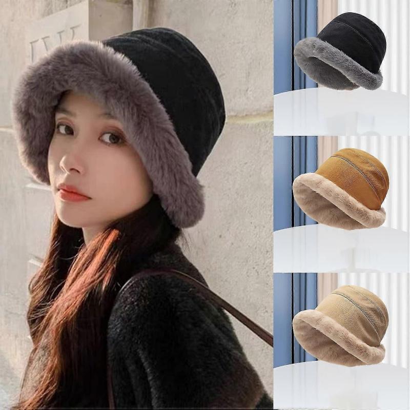 Velvet Thickened Fisherman Hat Women Winter Plush Bucket Hat Warm Solid Color Faux Fur Fisherman Cap (black)