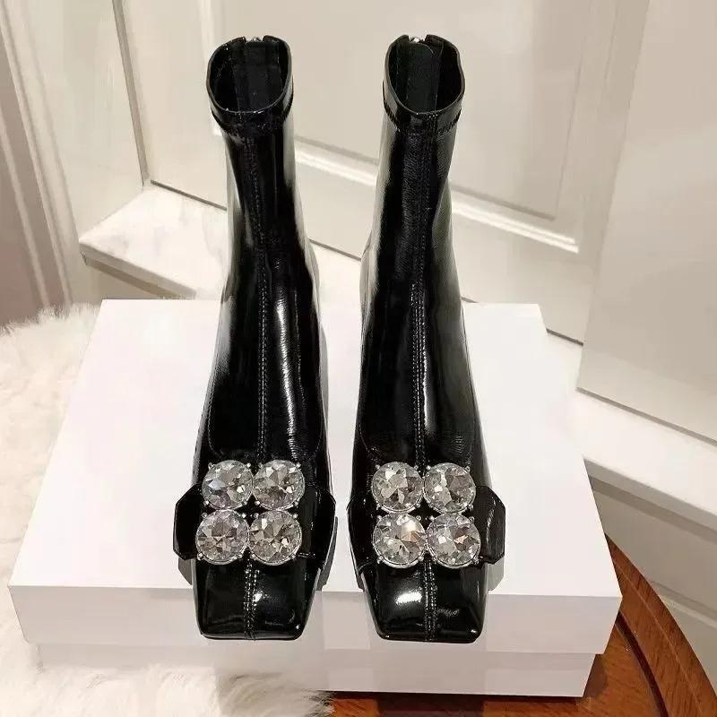 Square Toe Stretch Tight Boots Small Slim Heel Rhinestone Square Buckle Middle Leg Boots Women's High Heels