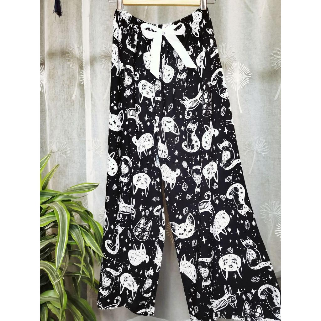 Pijamas de seda de algodón de verano para mujer, pantalones anchos con estampado suelto