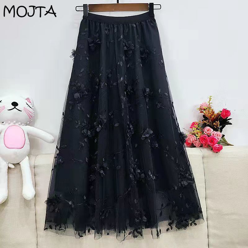 Herfst Winter Dames Hoge Taille Casual Lange Rok Kleding Mesh Kralen Mid-kuit Rokken Vrouw Lange Rokken Voor Dames