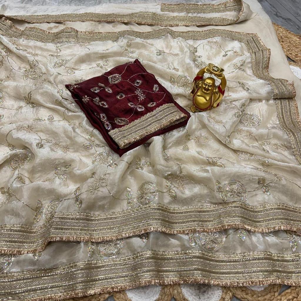 Saree da Sera per il Gran Lancio - Lavorazione con Perline Spazio Seta Velluto Edizione Lucida