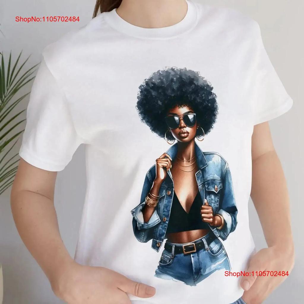Chic Watercolor Afro Women T Shirt Stylish Hairstyle Sunglasses Design Trendy DTG Print Fashionable Jeans Look Top Idea homme