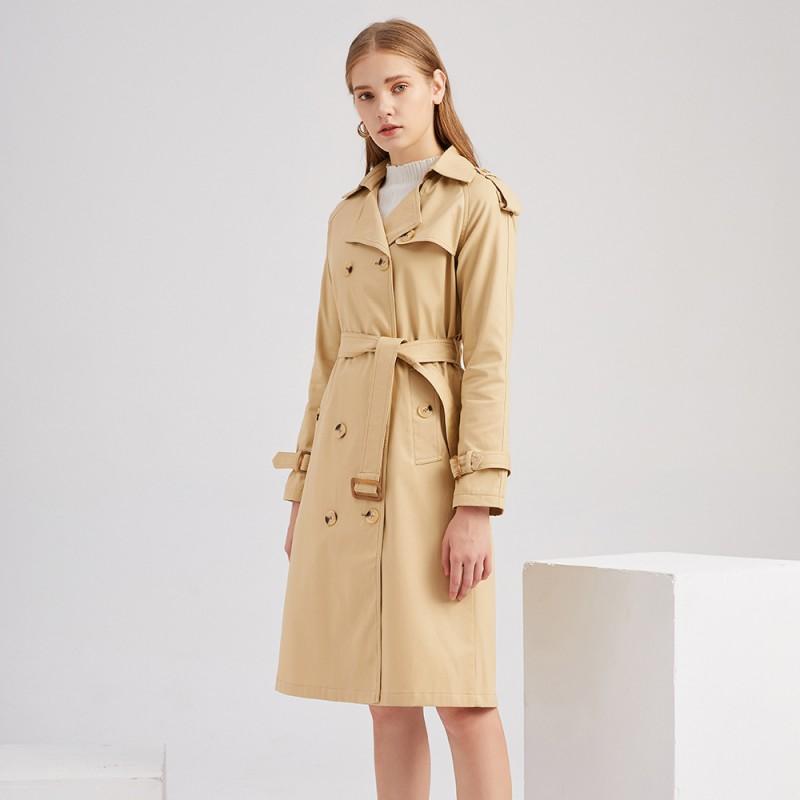 Womens Long Cotton Trench Coat With Waist Cinching Fit Classic Notched Collar Office Chic Outerwear