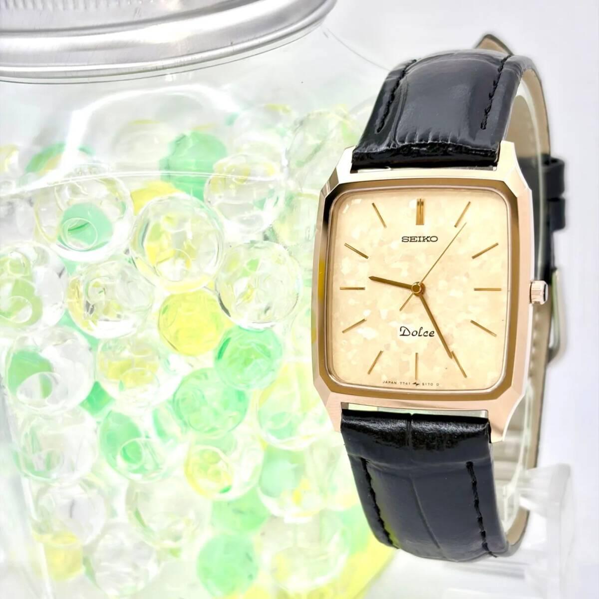 [Good Condition/New Battery] SEIKO Dolce Men s Watch Gold Rectangular 7741-5140 020115 New Belt