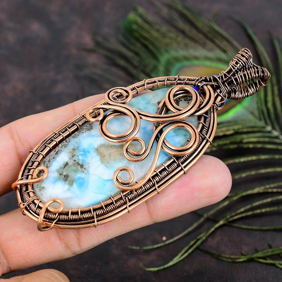 Natural Caribbean Larimar Gemstone Copper Wire Wrap Gift Pendant 3.86 o7S80