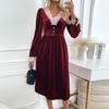 Autumn New Christmas Vintage Party Lace V-Neck Velvet Dress