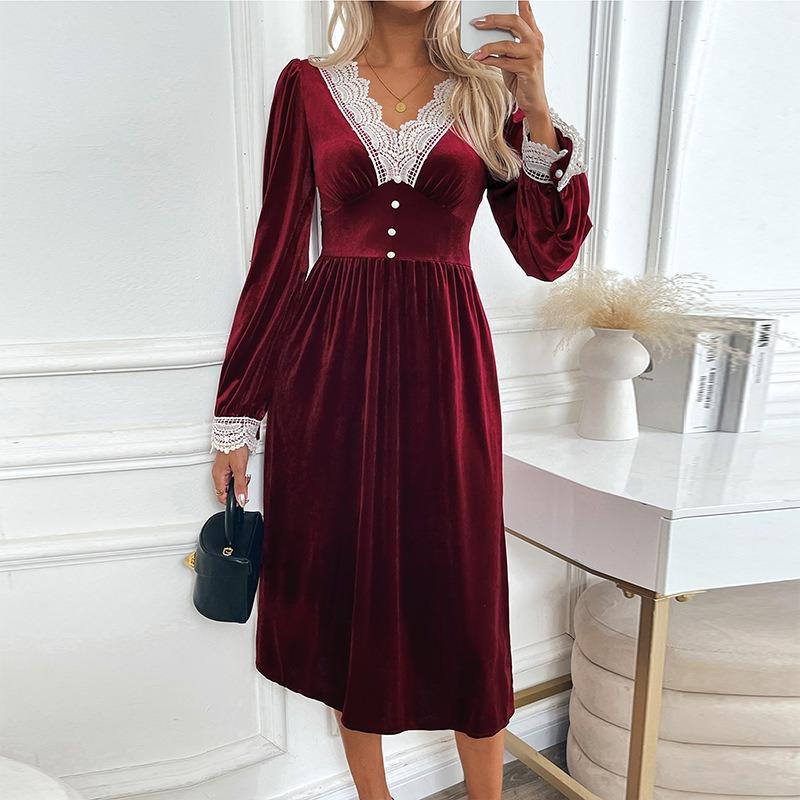Autumn New Christmas Vintage Party Lace V-Neck Velvet Dress