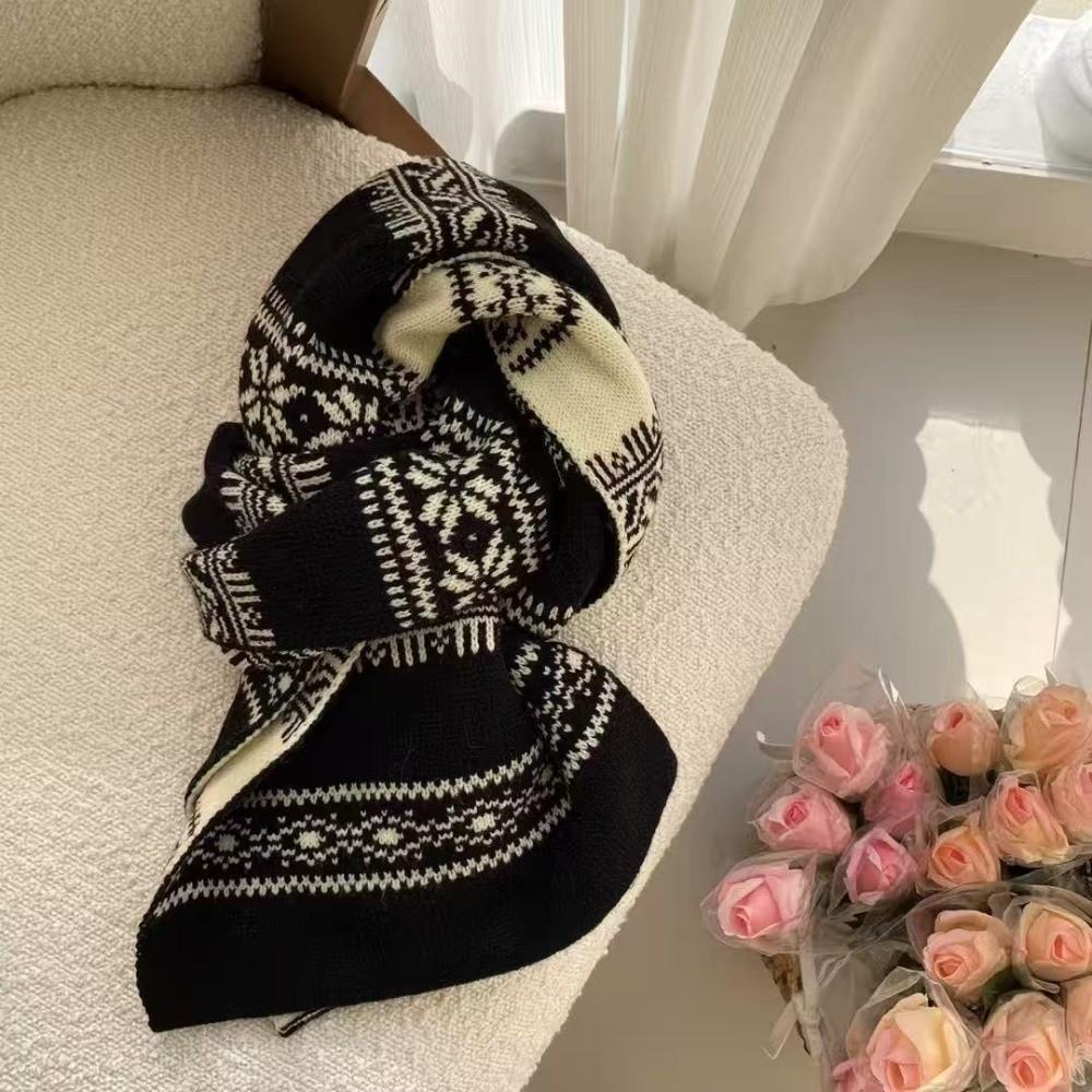 Retro Jacquard Pattern Fair Isle Knit Scarf Thick Knit Fabric Neck Warmer Shawl Winter Daily Wear