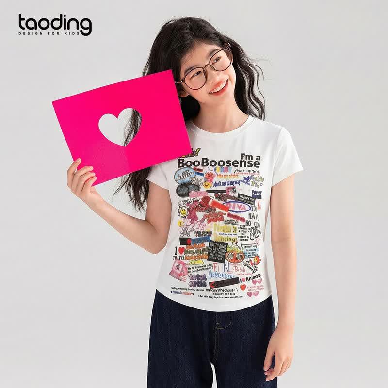 Girls Summer Cartoon Letter Print Short Sleeve T-Shirt 170