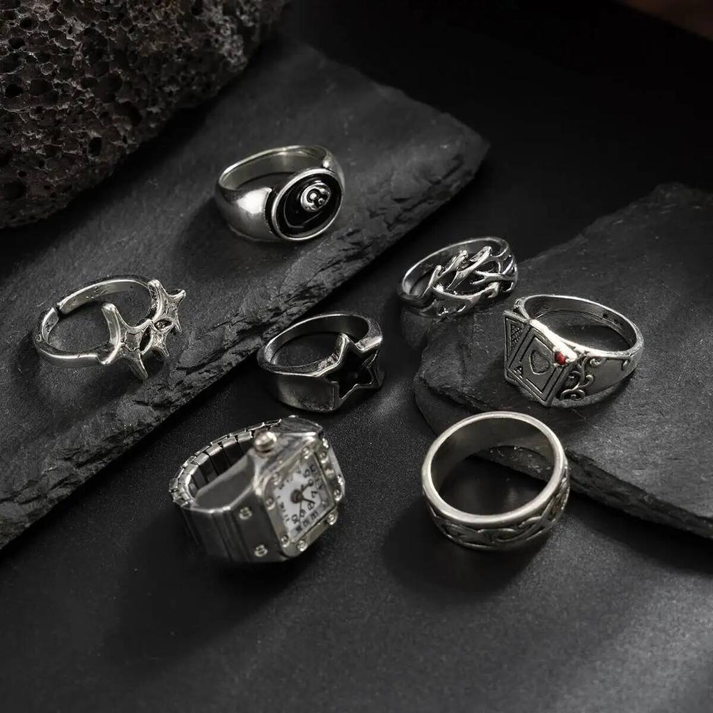 IngeSight.Z HipHop Punk Creative Silver Color Pentagram Poker Finger Rings Men Goth Irregular Stack Ring Trend Jewelry Accessory
